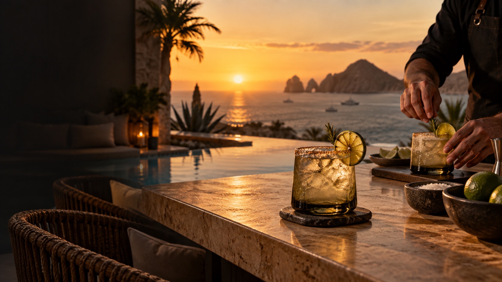 Illustrative cocktail preparation at a Los Cabos villa at sunset