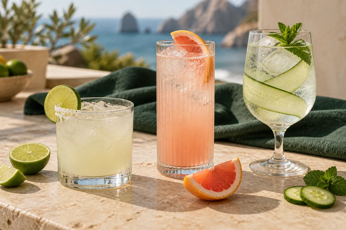 Illustrative citrus cocktails and an alcohol-free cooler with garnishes