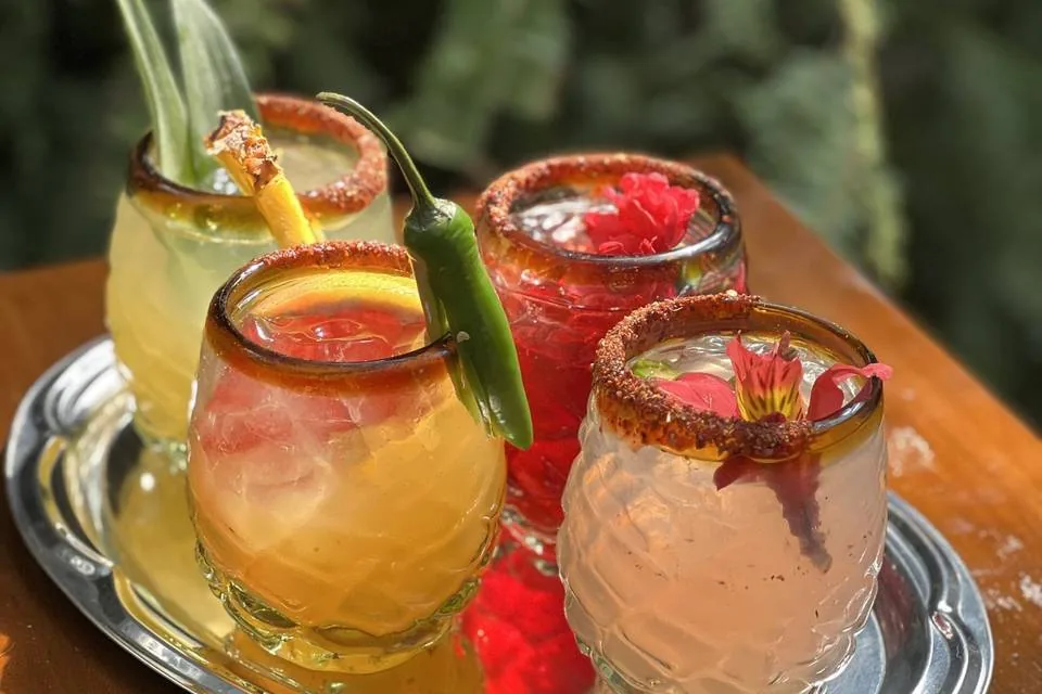 A tray of four cocktails garnished with fresh citrus, chili and flowers