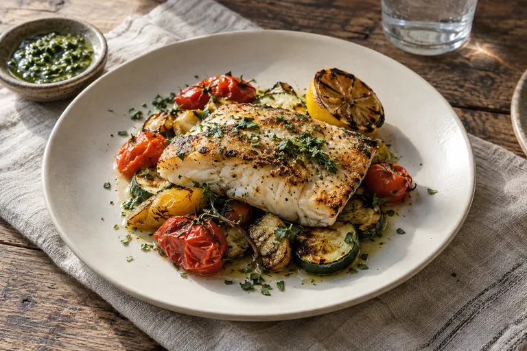 Illustrative coastal menu: roasted fish, vegetables and charred lemon