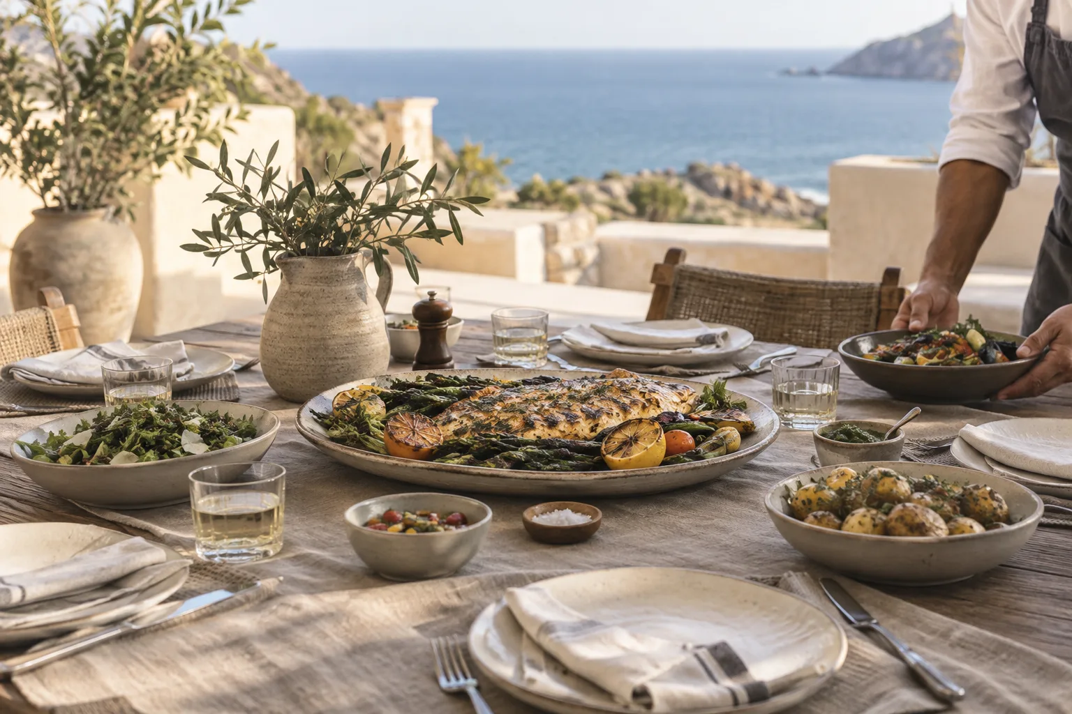 Illustrative villa dinner with food and table settings on a coastal terrace