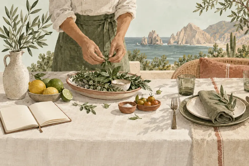 Editorial illustration of planning a meal, preparing herbs and setting a table in Cabo