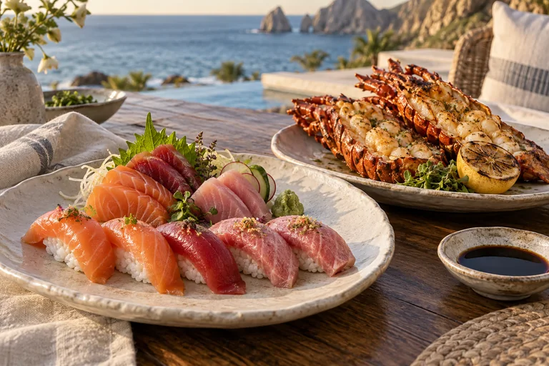 Illustrative selection of nigiri, sashimi and lobster for a villa meal