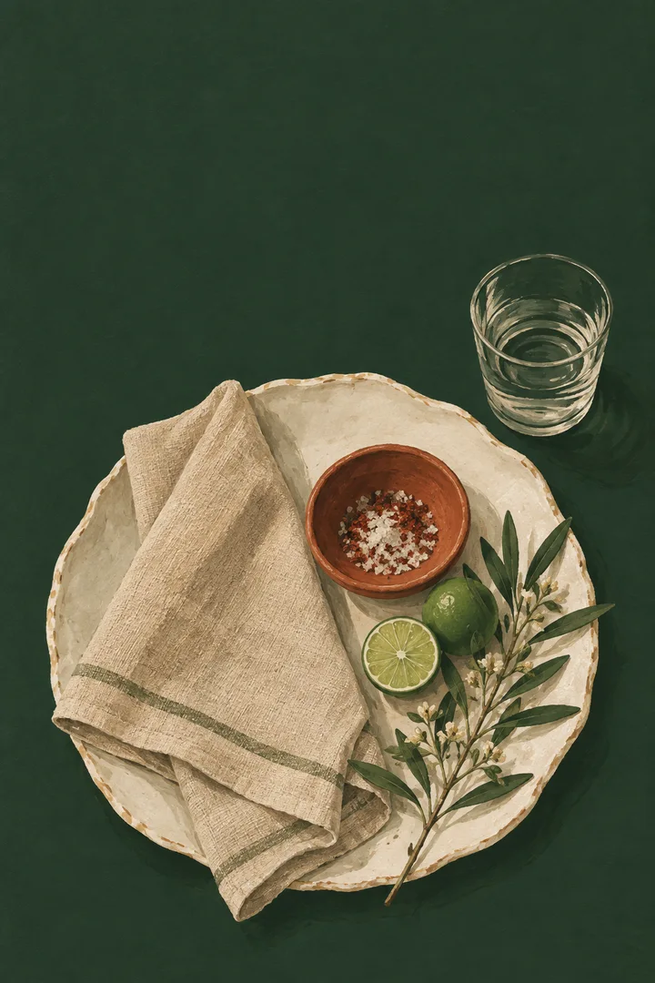 Hand-painted ceramic place setting with linen, lime and a terracotta bowl