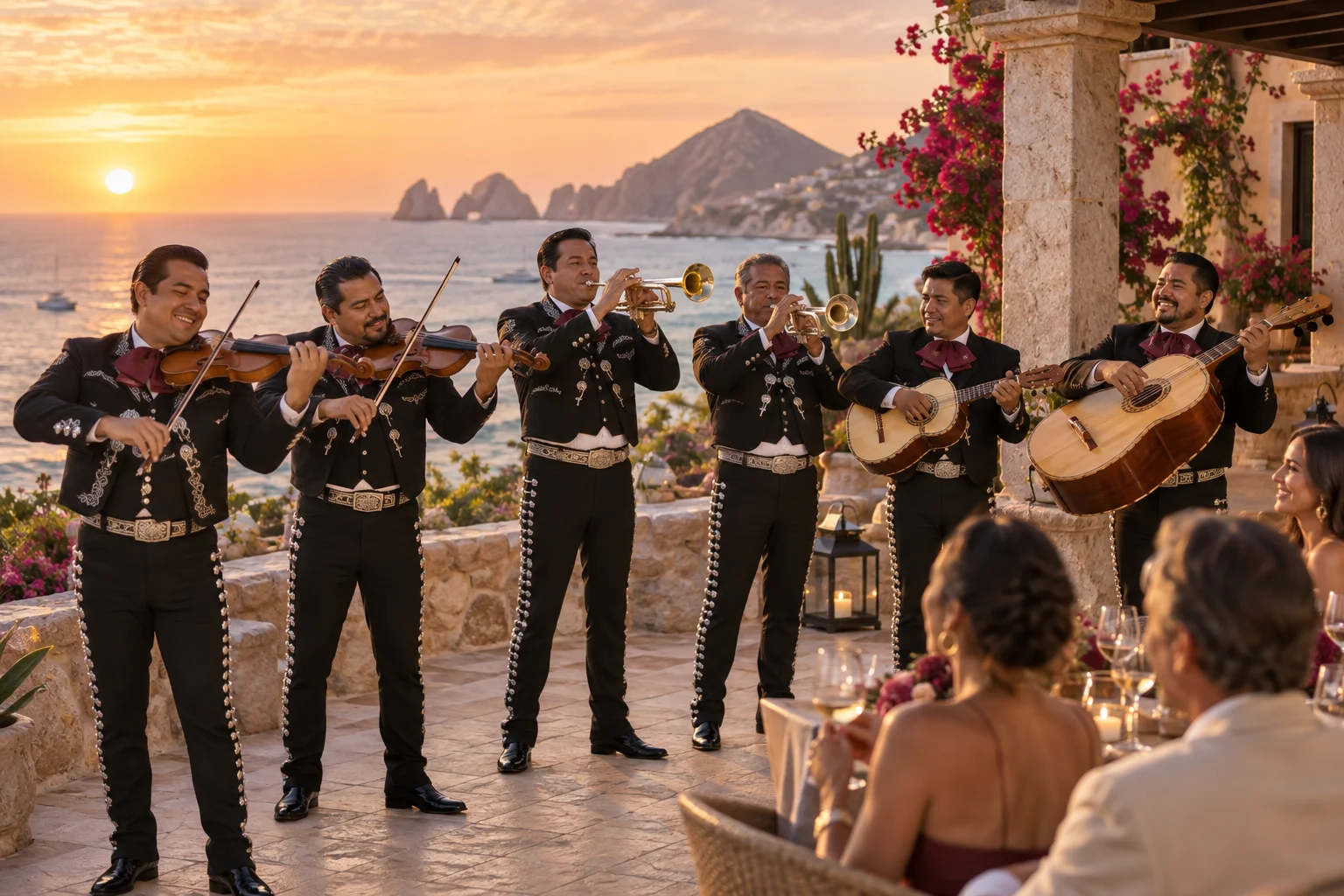 Illustrative scene of six mariachi musicians performing on a Cabo villa terrace at sunset