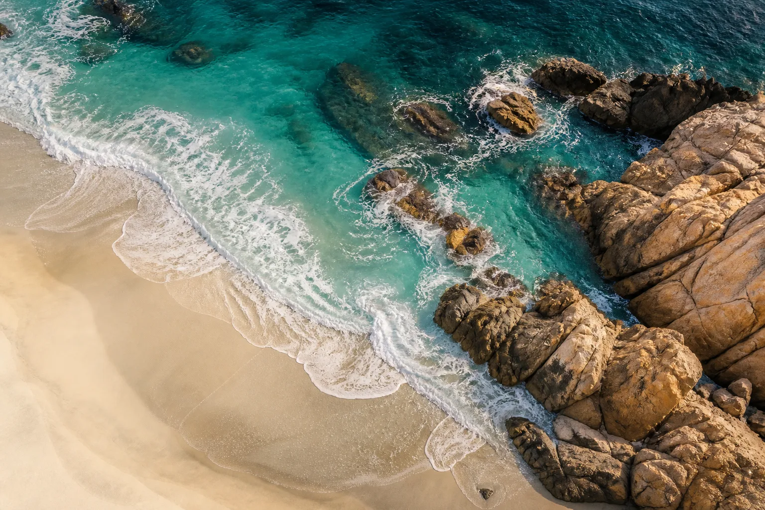 Illustrative aerial view of turquoise surf and a rocky Baja coastline