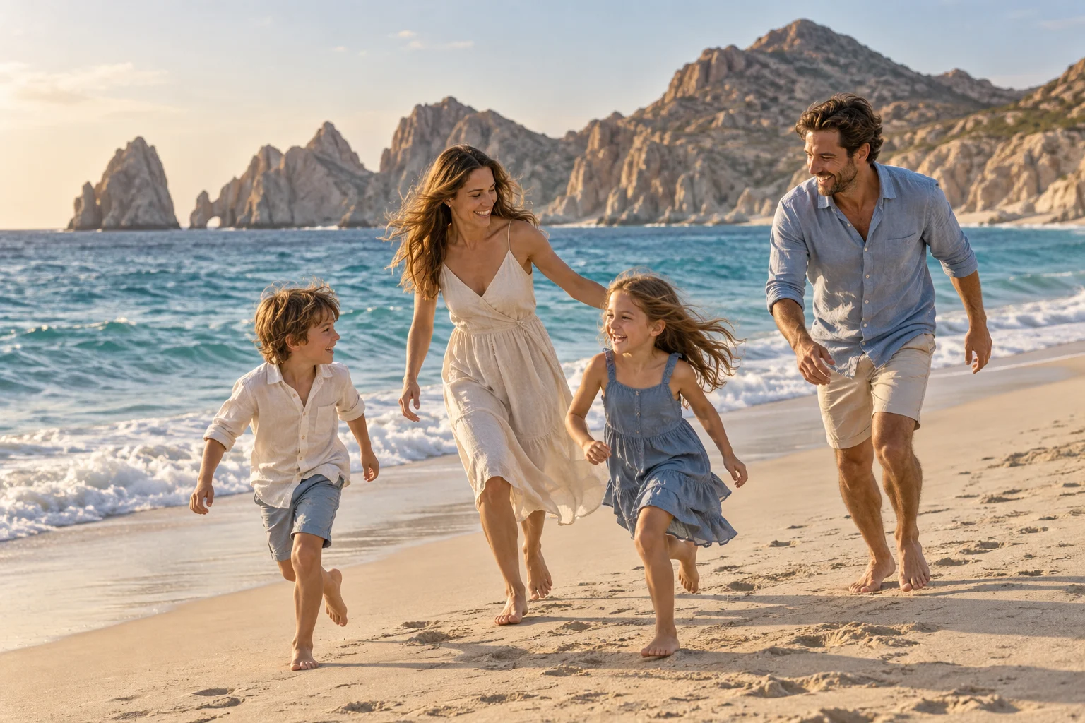 Illustrative campaign scene of a family playing together on a Cabo beach