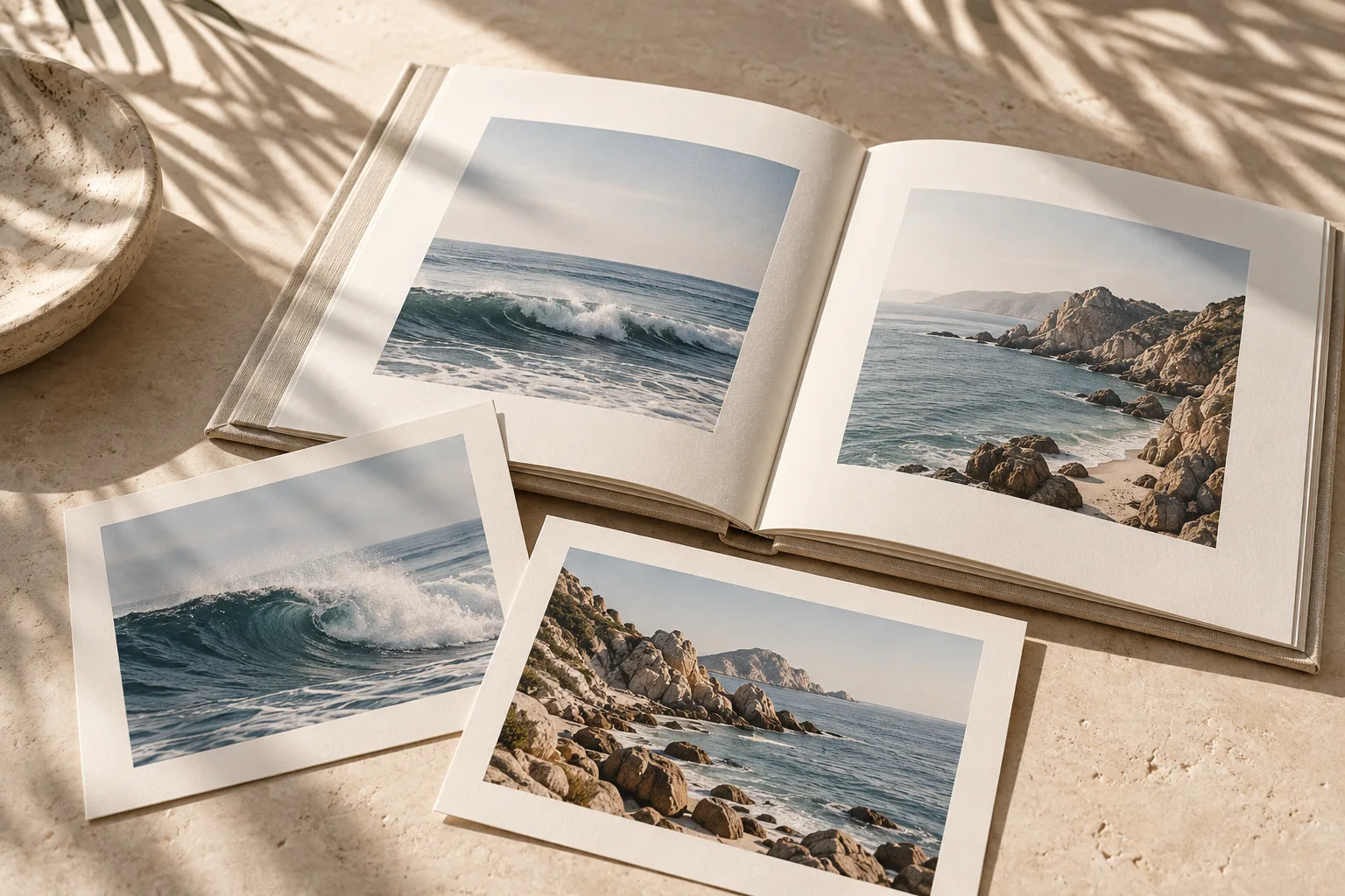 Illustrative still life of coastal photographs and a linen album