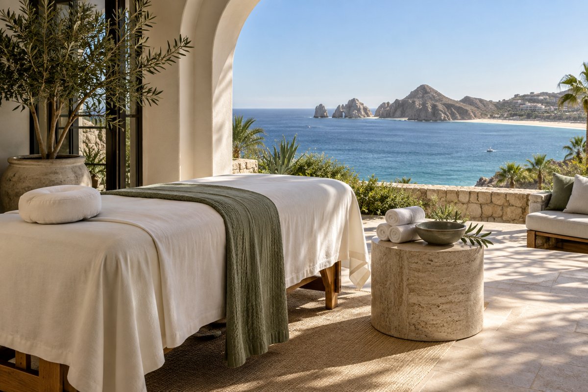 Illustrative private spa setup in a shaded Cabo villa