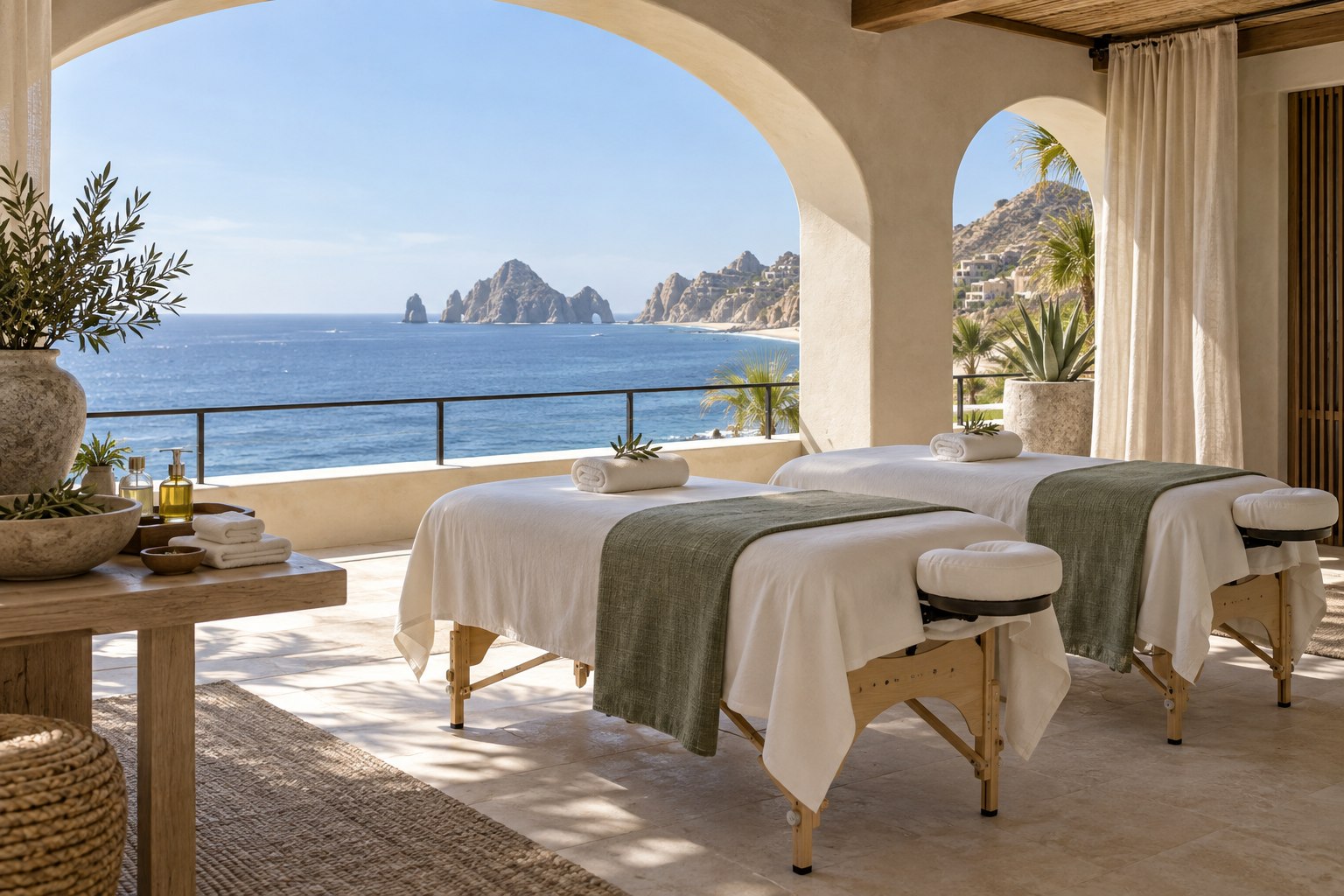 Illustrative calm villa spa setting with linens and natural textures