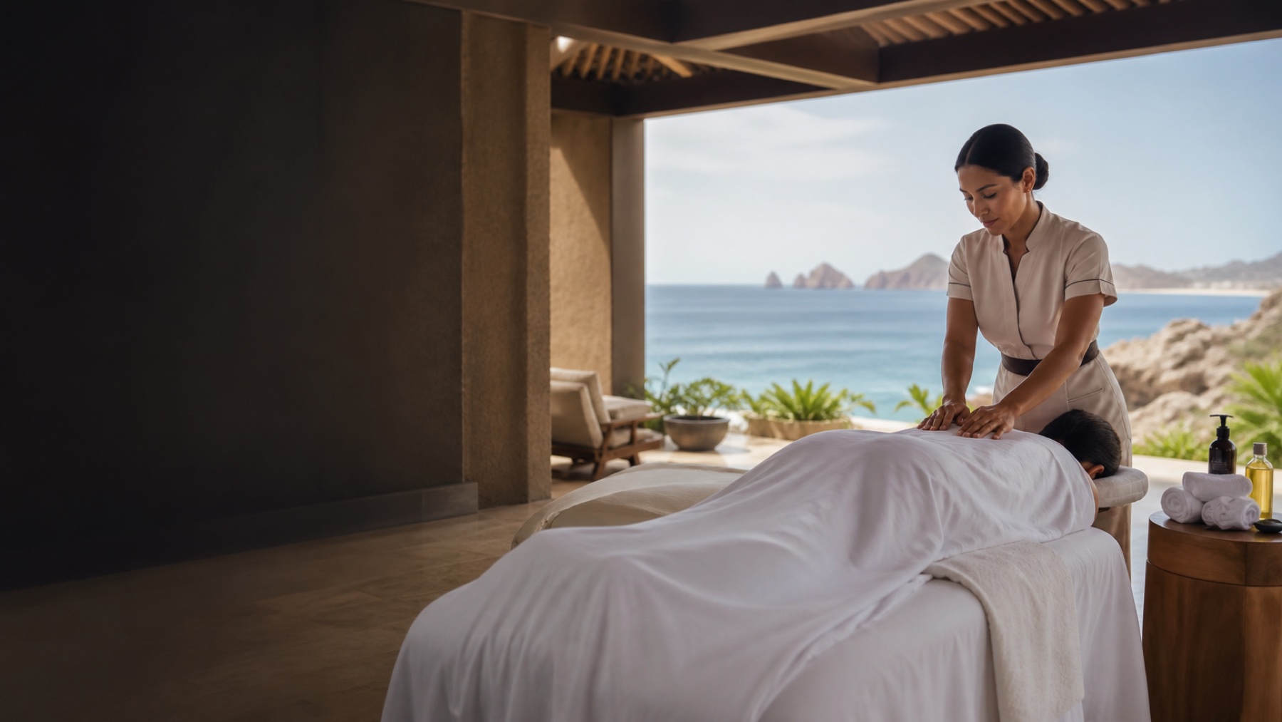 Illustrative massage experience on a shaded Cabo villa terrace