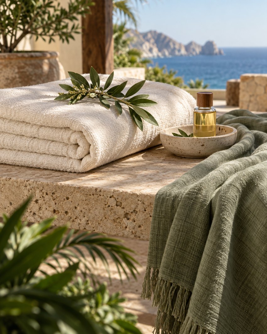 Illustrative spa ritual with soft linens and a Cabo ocean view