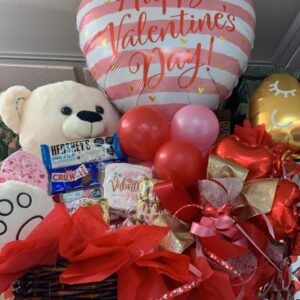 Teddy bear, chocolates and balloons