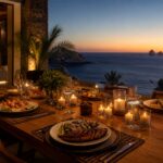 Sunset proposal dinner in Cabo on a candlelit villa terrace facing the ocean