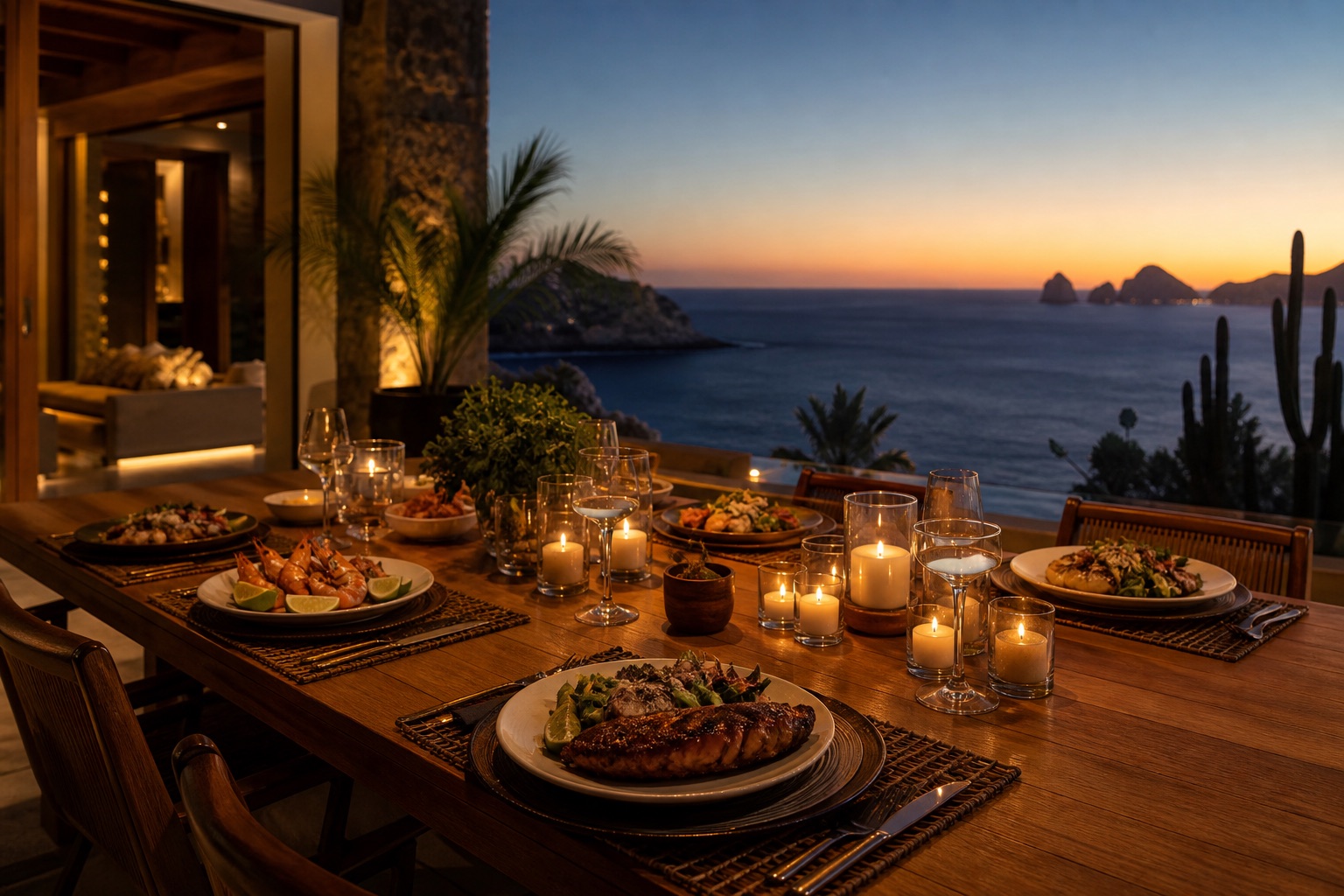 Sunset proposal dinner in Cabo on a candlelit villa terrace facing the ocean