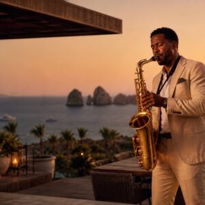 Private saxophone show at an ocean-view Cabo villa