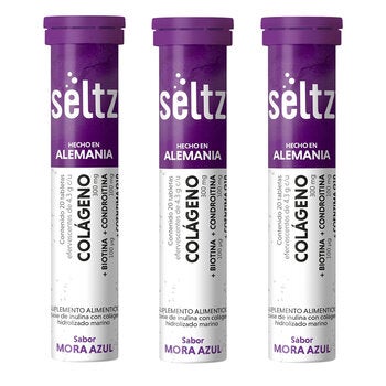 Seltz Collagen 3 Tubes with 20 Tabletas Efervescentes Each Flavor Mora Azul
