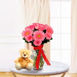 Pink Rose & Gerbera Teddy Gift — Cabo Delivery flowers in Cabo San Lucas