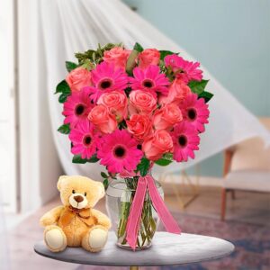 Pink Rose & Gerbera Teddy Vase — Cabo Delivery flowers in Cabo San Lucas