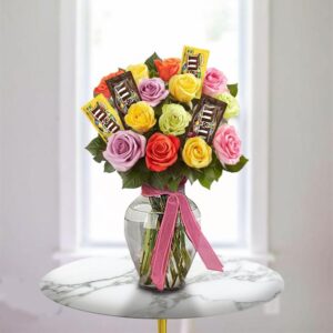 Rainbow Roses & Chocolate Candy Vase — Cabo Delivery flowers in Cabo San Lucas