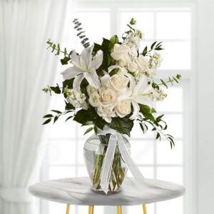 White Beauty Rose & Lily Vase — Cabo Delivery flowers in Cabo San Lucas