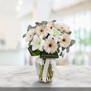 White Lily & Gerbera Vase — Cabo Delivery flowers in Cabo San Lucas