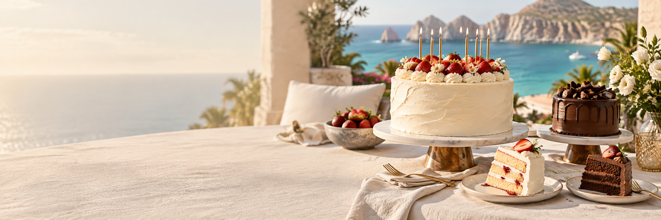 Celebration cakes on a sunny Cabo villa terrace