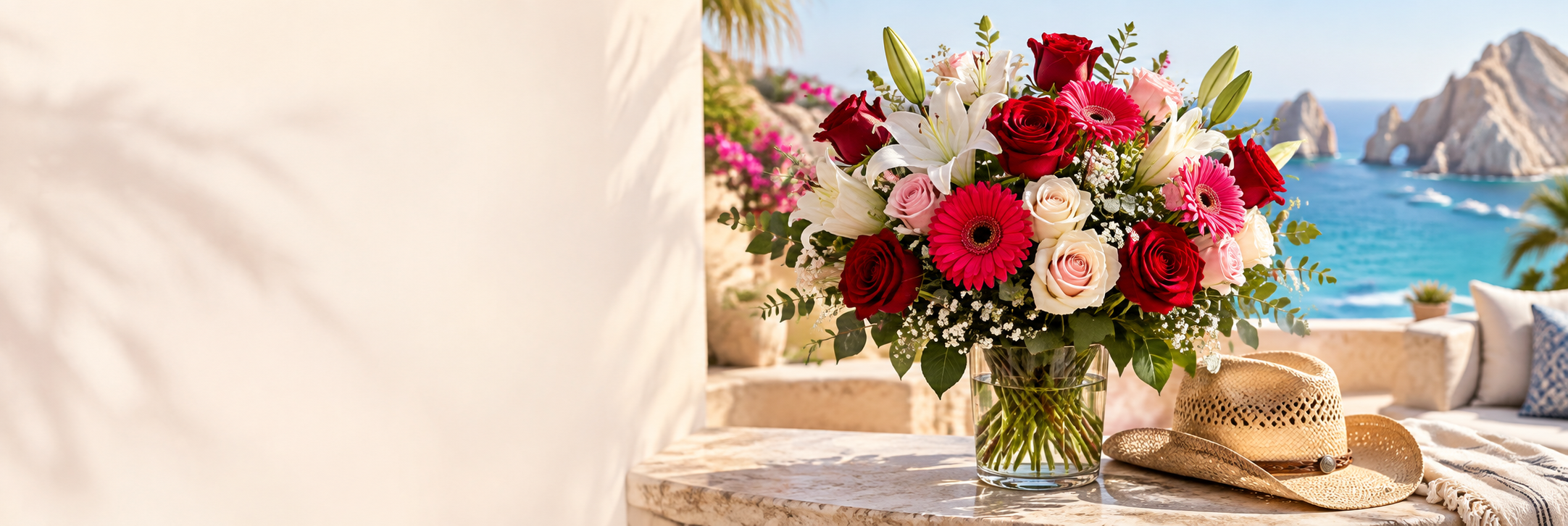 Fresh roses, lilies and gerbera daisies on the Cabo coastline