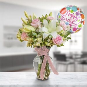 Birthday Wishes Rose & Lily Vase — Cabo Delivery flowers in Cabo San Lucas