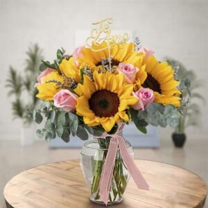 Pink Glow Rose & Sunflower Vase — Cabo Delivery flowers in Cabo San Lucas