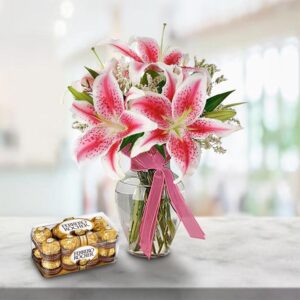 Lily Vase with Chocolate Pralines — Cabo Delivery flowers in Cabo San Lucas