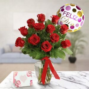 Rose Vase with Balloon & Card — Cabo Delivery flowers in Cabo San Lucas