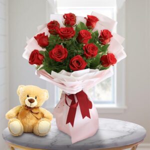 Sunrise Rose & Teddy Bouquet — Cabo Delivery flowers in Cabo San Lucas